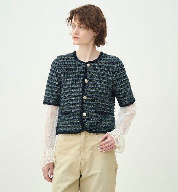 MACPHEE「ジャカードボーダー ハーフスリーブジャケット」|ノーカラージャケット|