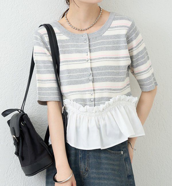  「ペプラム半袖ニット」|ニット・セーター|ピンク