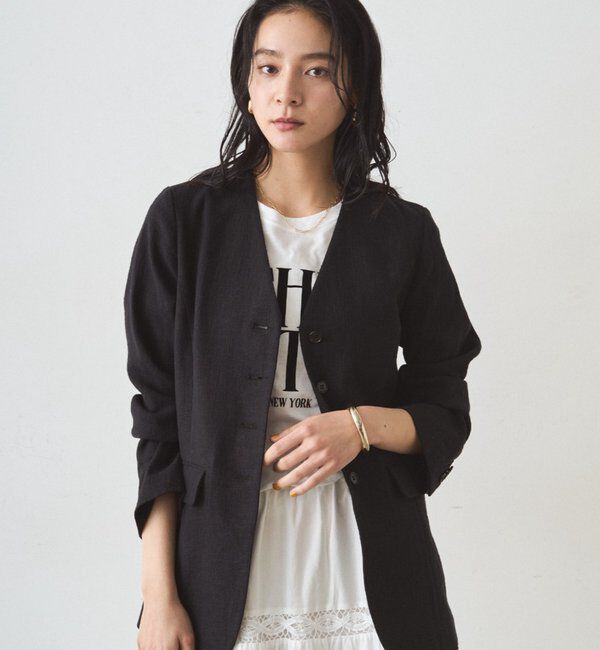  「リネンノーカラージャケット」|ベスト・ジレ|ブラック