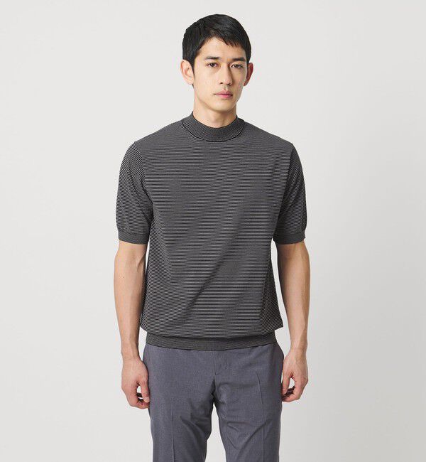 UNITED ARROWS「ショートスリーブ ボーダー モックネック ニットTシャツ UA COZY ウォッシャブル 抗菌防臭」|Tシャツ・カットソー|
