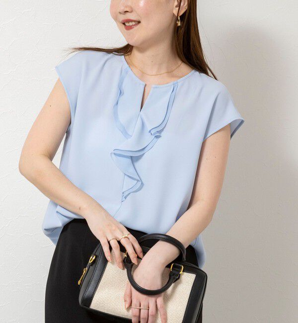 NOLLEY'S sophi「ウォッシャブルストレッチジョーゼットフロントラッフルブラウス」|シャツ・ブラウス|サックス