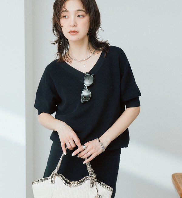  「【手洗い可能】ギマコットン片畦Vネックニット」|ニット・セーター|