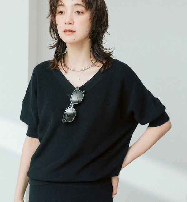  「【手洗い可能】ギマコットン片畦Vネックニット」|ニット・セーター|