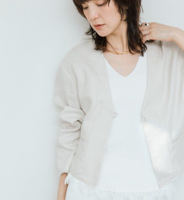  「予約【軽量/通気性抜群】ペーパーリネンノーカラージャケット」|テーラードジャケット|ベージュ