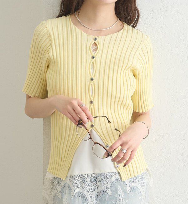  「ラウンドスリット半袖カーディガン」|カーディガン|イエロー