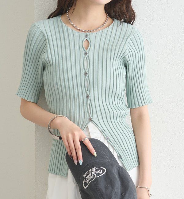  「ラウンドスリット半袖カーディガン」|カーディガン|グリーン