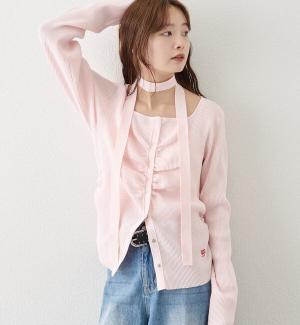  「タイ付きスクエアネックカーディガン」|カーディガン|