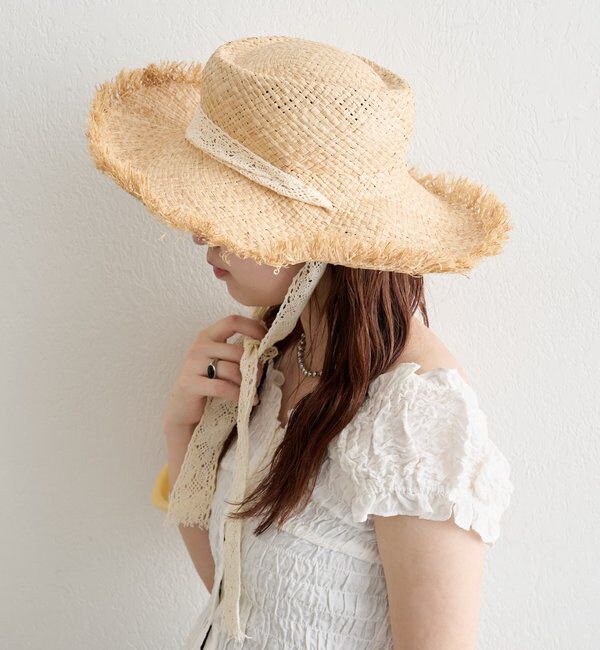  「レースタイ付きストローハット」|ハット|ベージュ