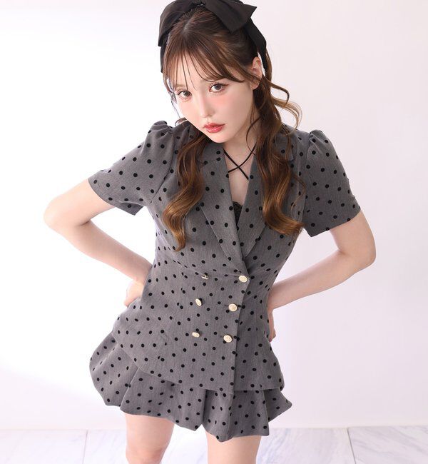  「【セットアップ可能】レースアップ半袖ペプラムジャケット／SMサイズ」|ダウンベスト・ベスト|