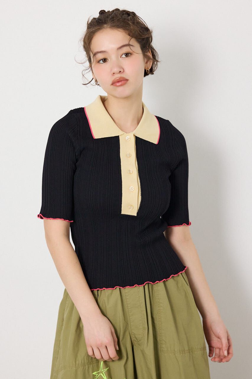 RODEO CROWNS「バイカラーポロニット」|ニット・セーター|BLK