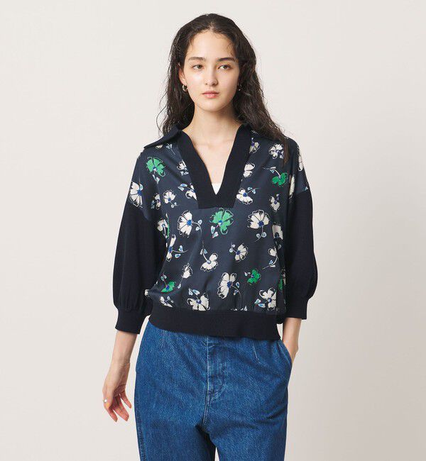 UNITED ARROWS「６分袖 プリント ニット コンビ シャツ ‐ウォッシャブル‐」|シャツ・ブラウス|NAVY