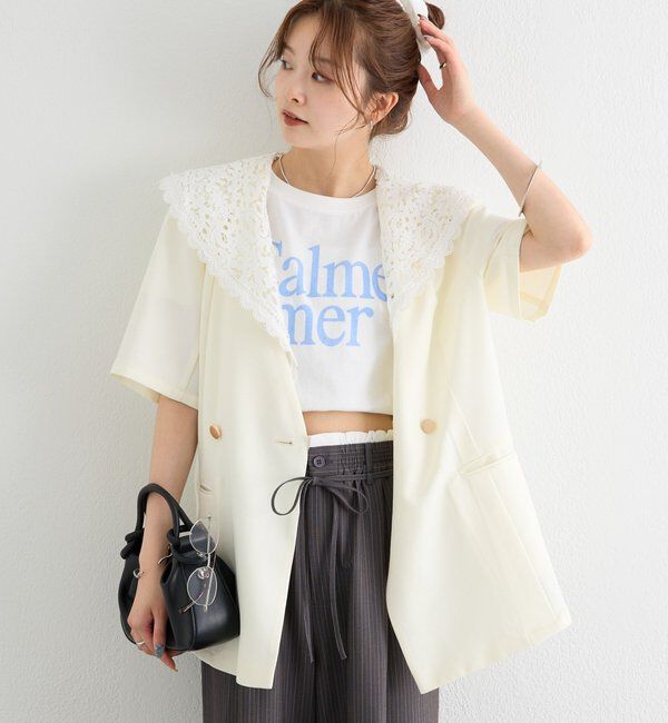  「レース付け襟半袖ジャケット」|テーラードジャケット|オフホワイト