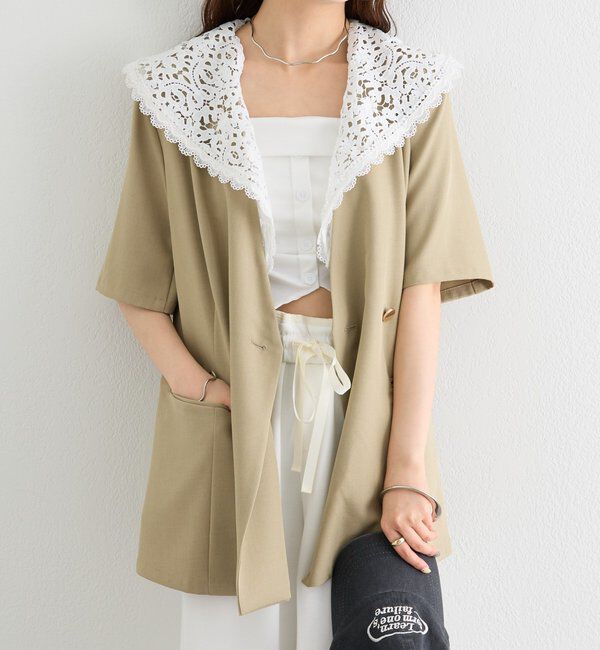  「レース付け襟半袖ジャケット」|テーラードジャケット|