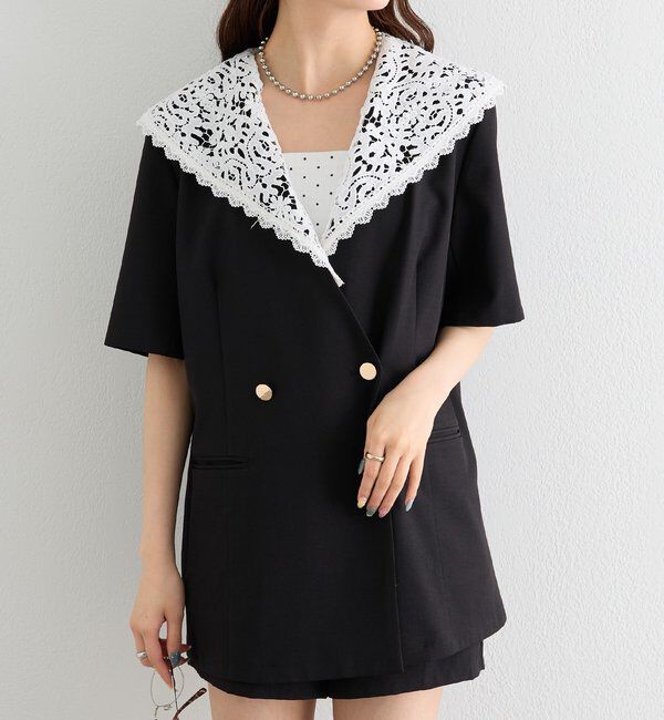  「レース付け襟半袖ジャケット」|テーラードジャケット|ブラック