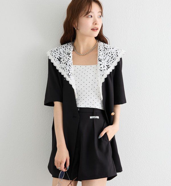  「レース付け襟半袖ジャケット」|テーラードジャケット|