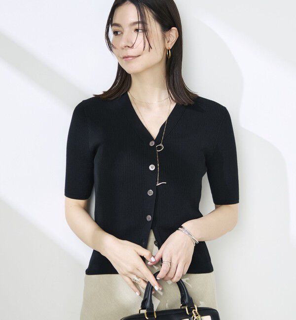NOLLEY'S sophi「《手洗い可能》綿アセリブ半袖Vネックカーディガン」|カーディガン|ブラック