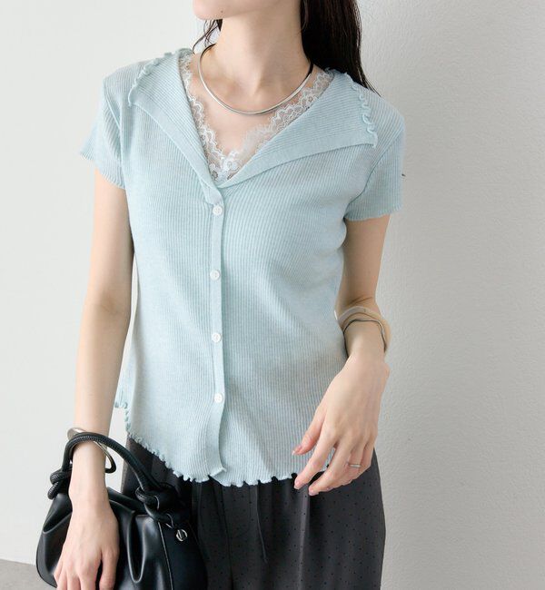  「レースドッキング半袖ニットカーディガン」|カーディガン|