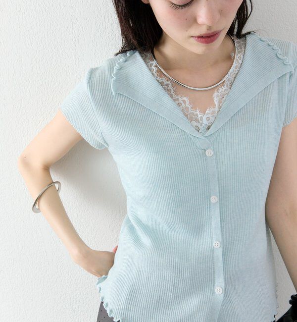  「レースドッキング半袖ニットカーディガン」|カーディガン|