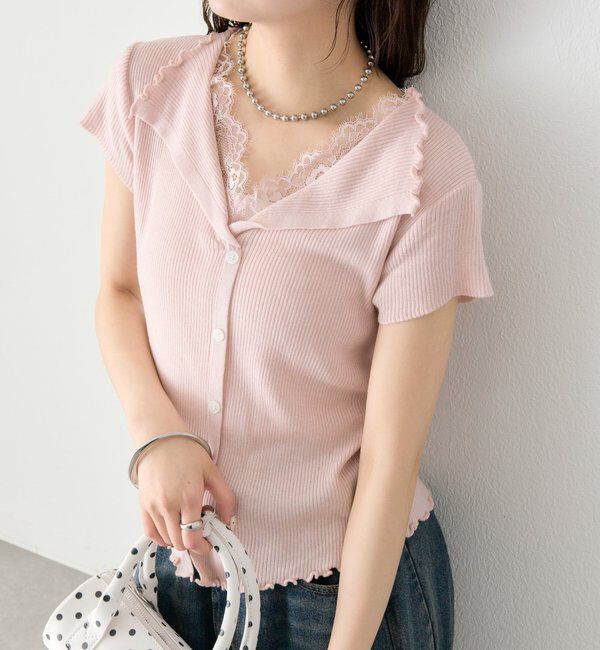  「レースドッキング半袖ニットカーディガン」|カーディガン|ピンク