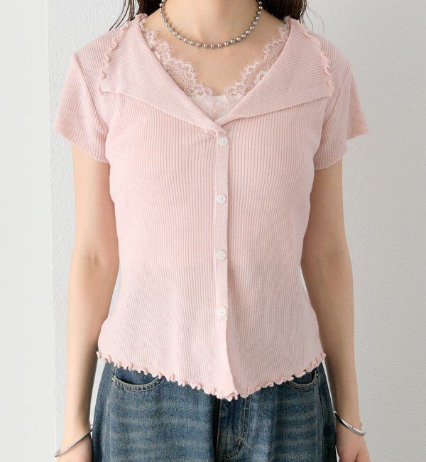  「レースドッキング半袖ニットカーディガン」|カーディガン|