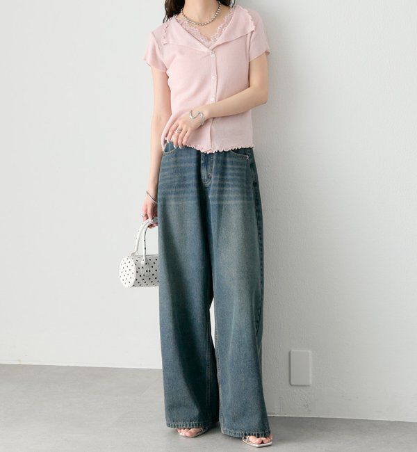  「レースドッキング半袖ニットカーディガン」|カーディガン|