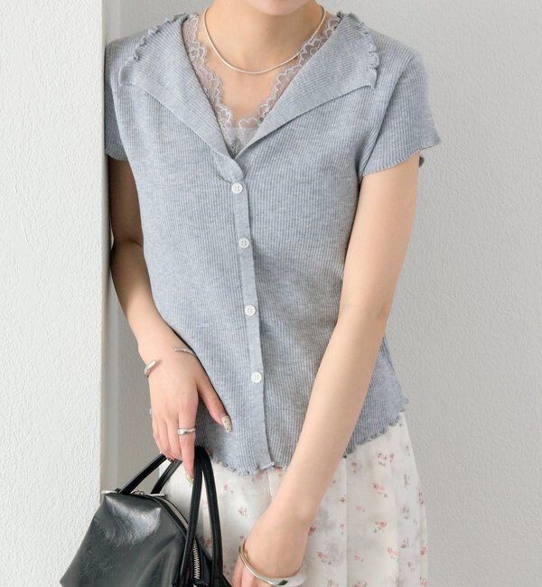  「レースドッキング半袖ニットカーディガン」|カーディガン|