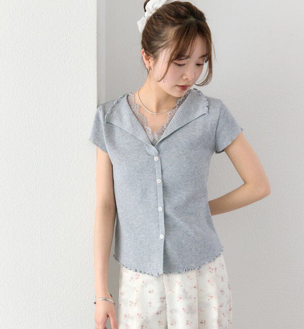  「レースドッキング半袖ニットカーディガン」|カーディガン|