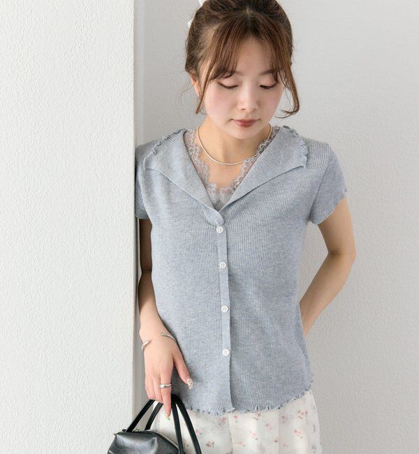  「レースドッキング半袖ニットカーディガン」|カーディガン|