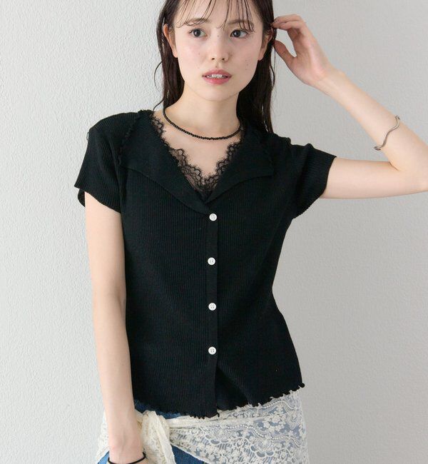  「レースドッキング半袖ニットカーディガン」|カーディガン|ブラック