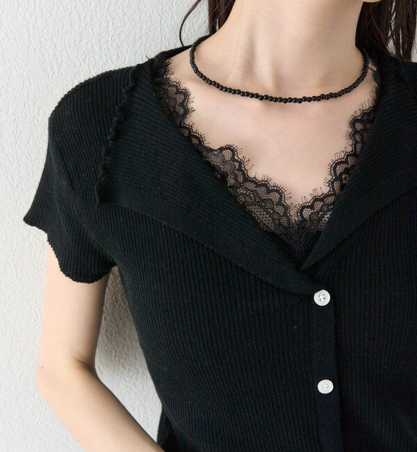  「レースドッキング半袖ニットカーディガン」|カーディガン|