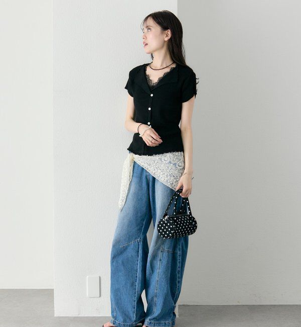  「レースドッキング半袖ニットカーディガン」|カーディガン|