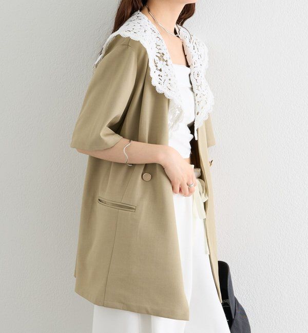  「レース付け襟半袖ジャケット」|テーラードジャケット|ベージュ