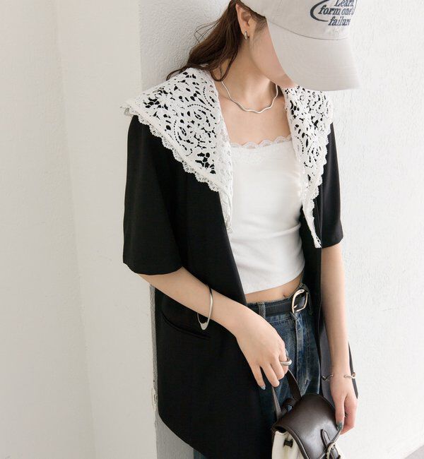  「レース付け襟半袖ジャケット」|テーラードジャケット|
