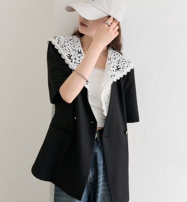  「レース付け襟半袖ジャケット」|テーラードジャケット|