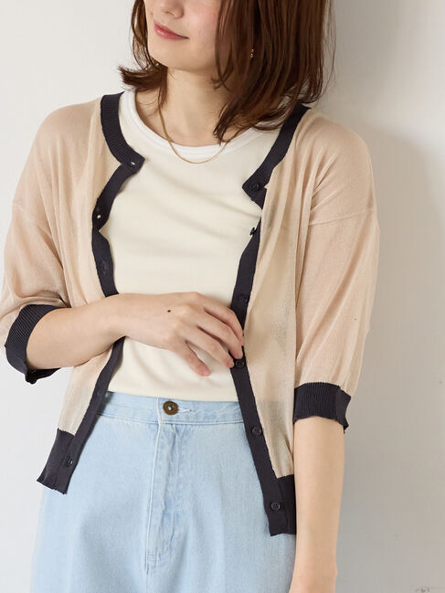 Te chichi TERRASSE「バイカラーシアー5分袖カーディガン」|カーディガン|