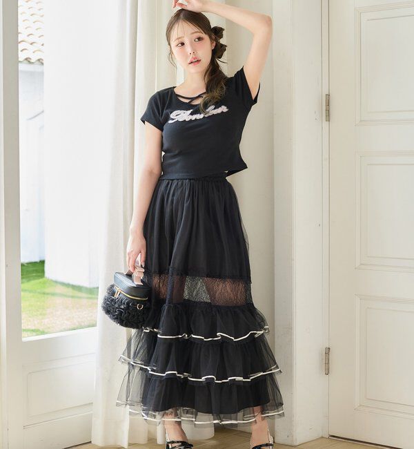  「ホルターネック付きチュールロゴＴシャツ」|プルオーバー|