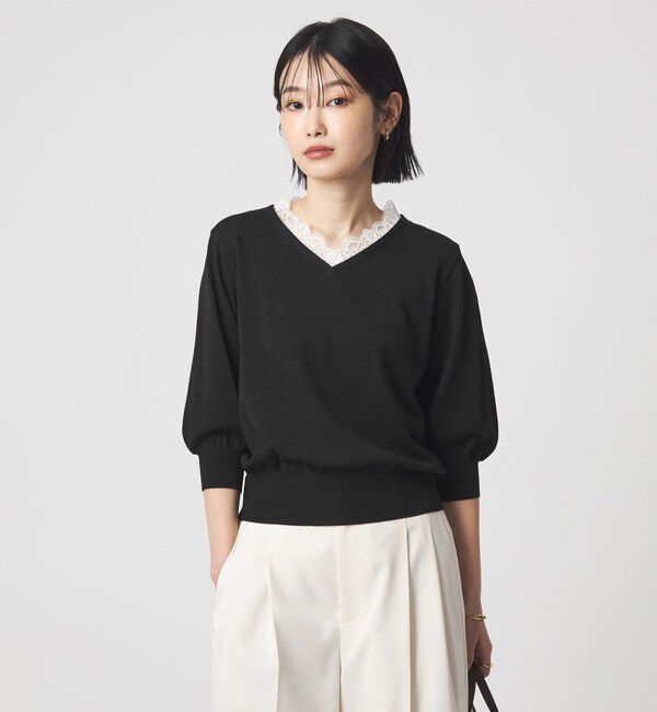 UNITED ARROWS green label relaxing「レース Vネック プルオーバー ニット」|ニット・セーター|BLACK