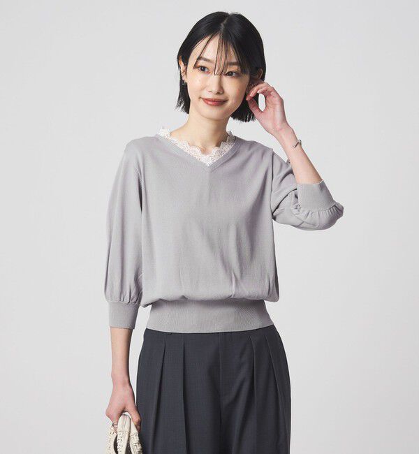 UNITED ARROWS green label relaxing「レース Vネック プルオーバー ニット」|ニット・セーター|LT.GRAY