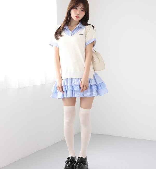  「ニットドッキング半袖シャツチュニック」|ワンピース|