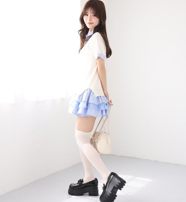  「ニットドッキング半袖シャツチュニック」|ワンピース|