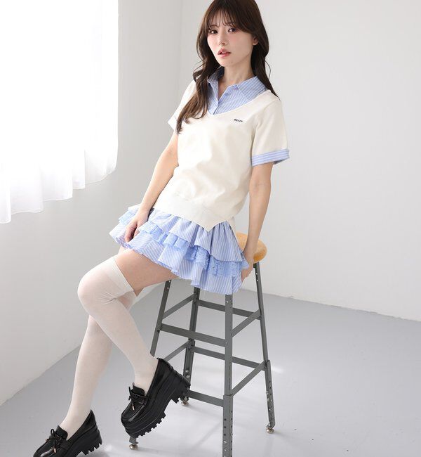  「ニットドッキング半袖シャツチュニック」|ワンピース|