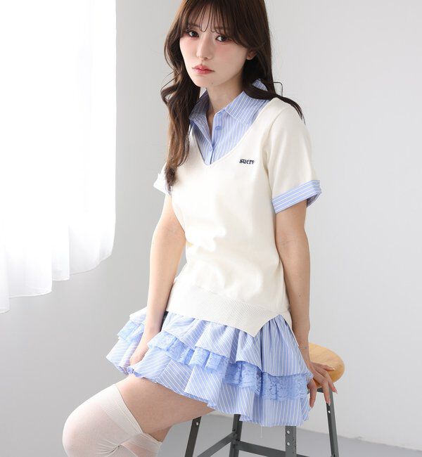  「ニットドッキング半袖シャツチュニック」|ワンピース|