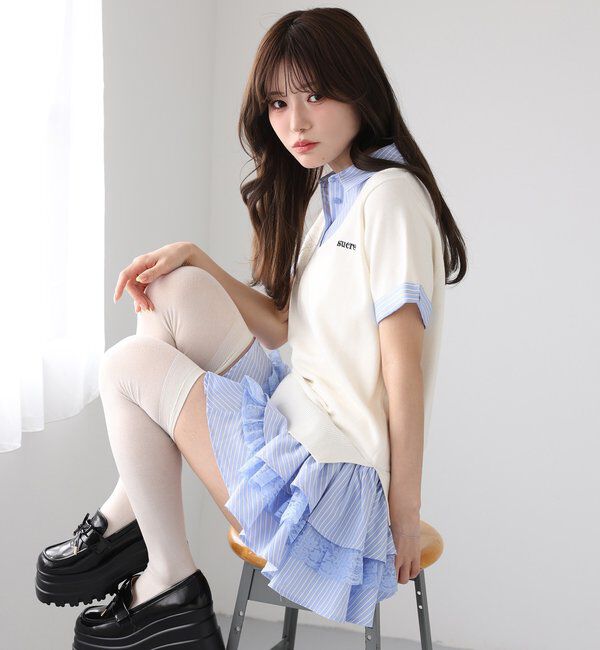  「ニットドッキング半袖シャツチュニック」|ワンピース|