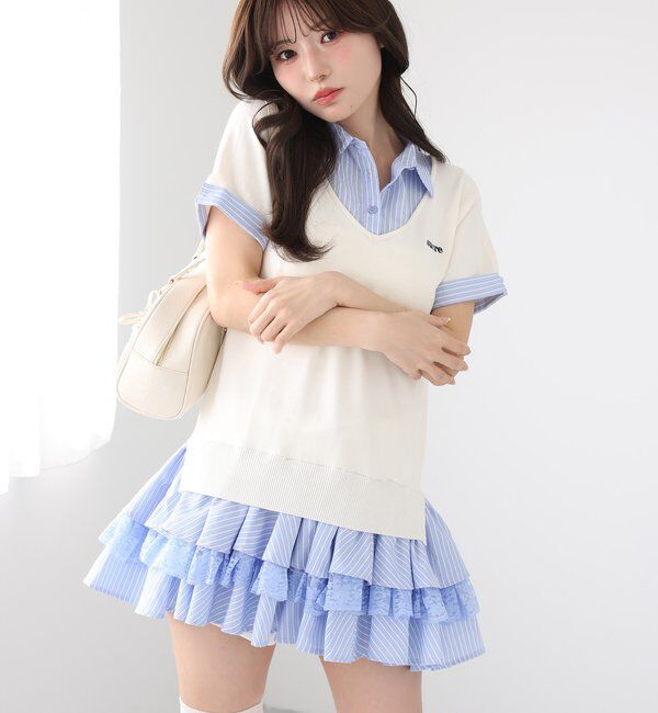  「ニットドッキング半袖シャツチュニック」|ワンピース|