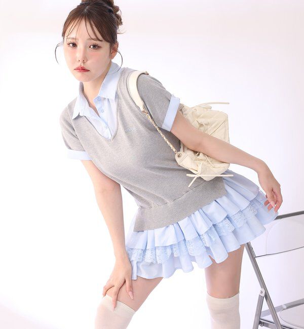  「ニットドッキング半袖シャツチュニック」|ワンピース|