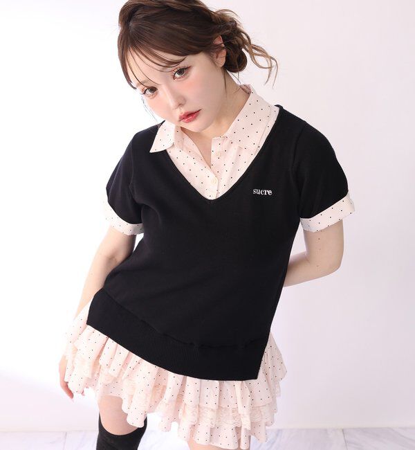  「ニットドッキング半袖シャツチュニック」|ワンピース|ブラック