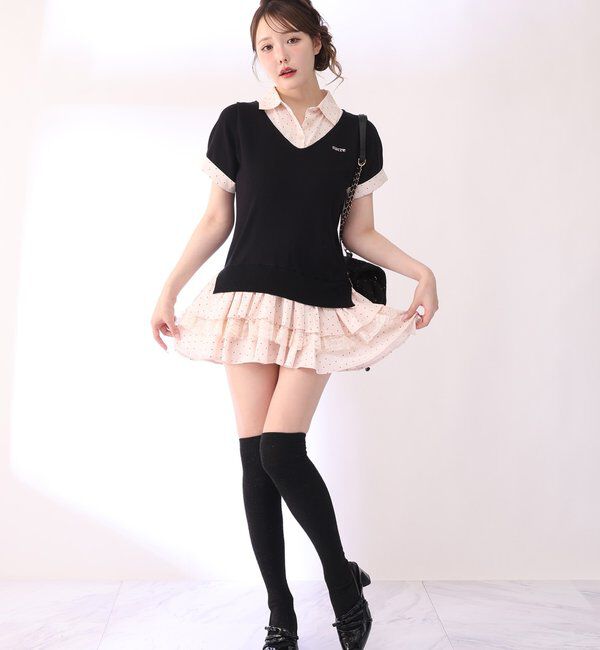  「ニットドッキング半袖シャツチュニック」|ワンピース|