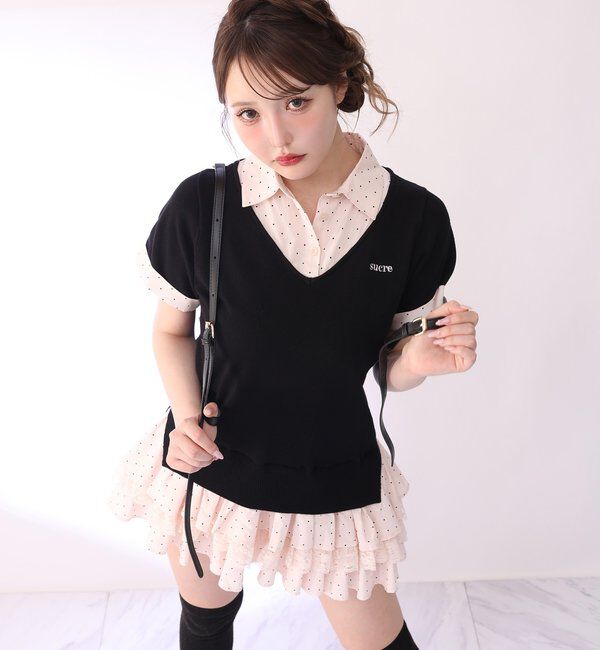  「ニットドッキング半袖シャツチュニック」|ワンピース|