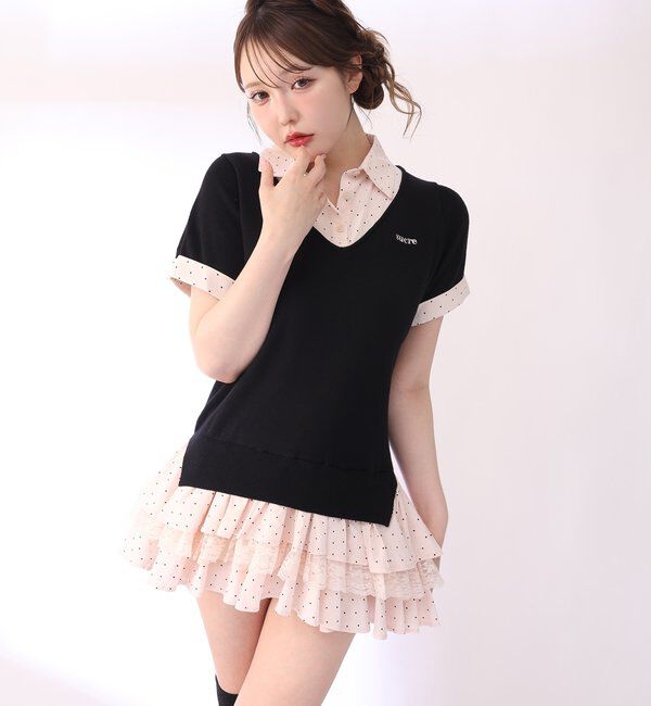  「ニットドッキング半袖シャツチュニック」|ワンピース|