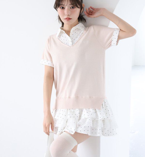  「ニットドッキング半袖シャツチュニック」|ワンピース|